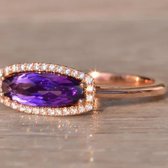 Contemporary Checkerboard Cut Elongated Amethyst and Natural Diamond Halo Ring i
